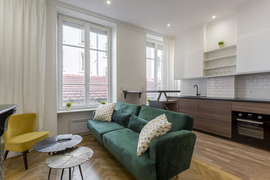 Salon lumineux avec coin bureau – T1bis meublé Lyon 6 rue Cuvier