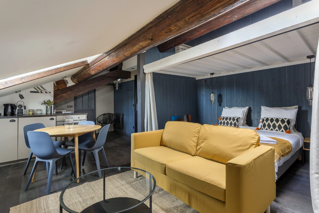Pièce de vie avec cuisine ouverte – studio meublé Lyon 2 Ainay au mois