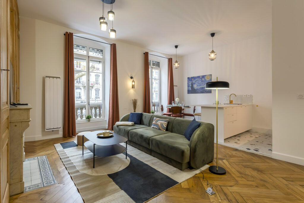 Grand séjour lumineux avec cuisine ouverte – location meublée au mois à Lyon