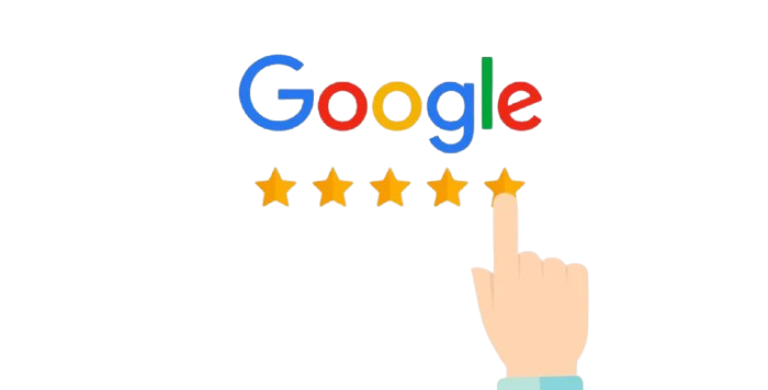 Une main pointe la cinquième étoile sous le logo Google, indiquant une note de cinq étoiles pour les services de gestion locative adaptés aux propriétaires exigeants sur un fond blanc. | 2BeApart Lyon
