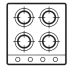 Un dessin simple en noir et blanc d'une plaque de cuisson avec quatre brûleurs et quatre boutons de commande, idéal pour les propriétaires exigeants à la recherche d'éléments de qualité dans la location meublée Lyon. | 2BeApart Lyon